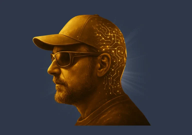 Golden profile of a man in cap and sunglasses with glowing digital circuit patterns on his head.