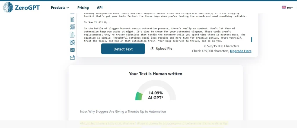 creenshot of ZeroGPT detection result showing text classified as 14.09% AI-generated.