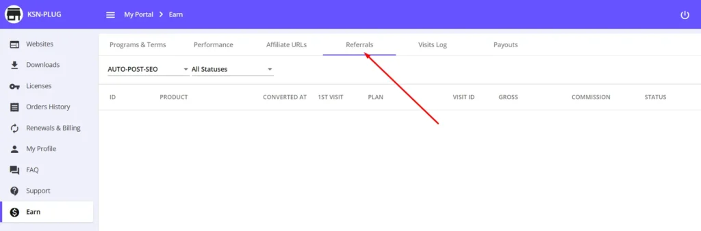 AUTO-POST-SEO affiliate dashboard showing referrals tab with product and commission details.