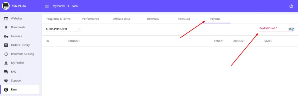 AUTO-POST-SEO affiliate dashboard showing payouts tab with PayPal email field.