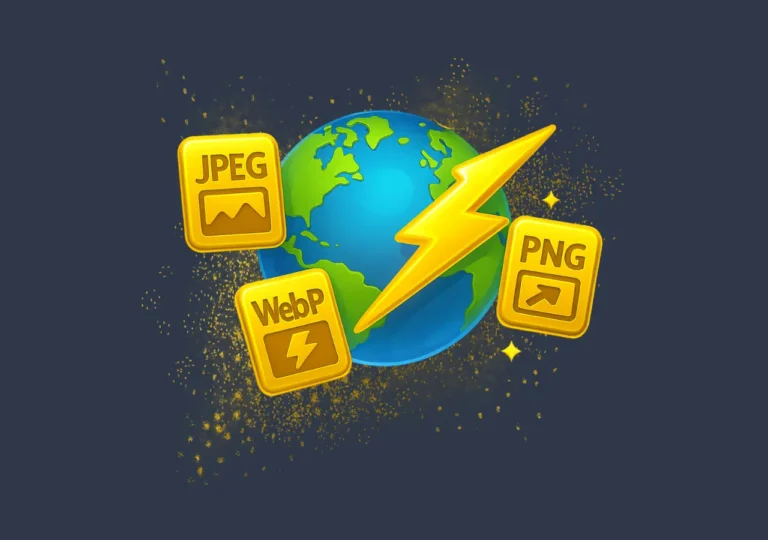 Glossy golden CDN lightning speeding up global image delivery icons