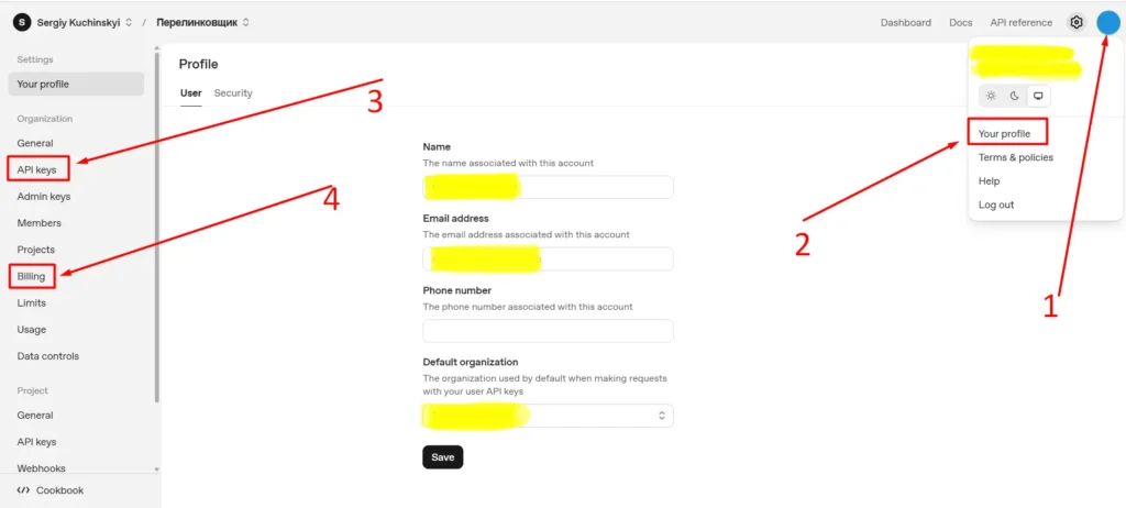 OpenAI account profile settings screen with red arrows highlighting navigation to "Your profile", "API keys", and "Billing" sections.