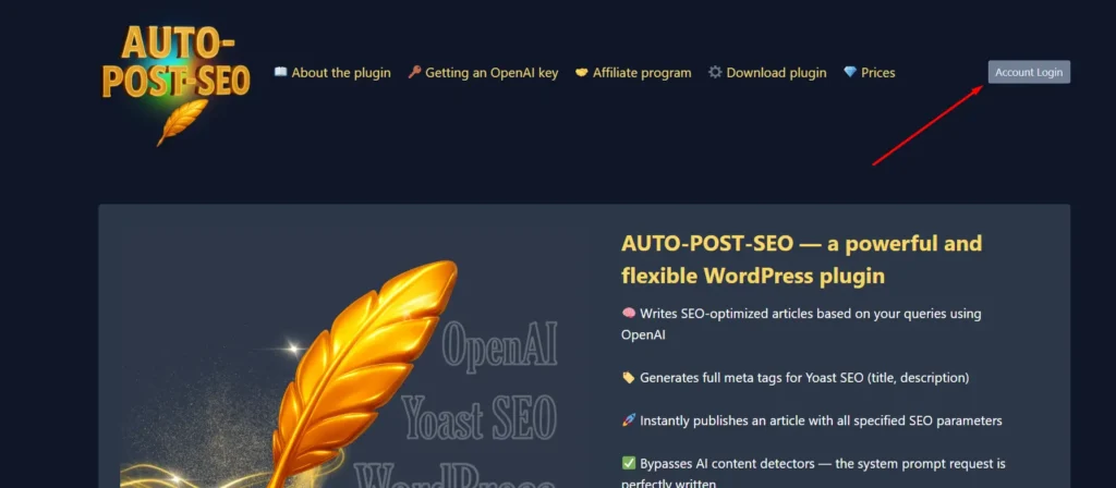 AUTO-POST-SEO plugin homepage with golden feather logo and features list for SEO-optimized content creation using OpenAI.
