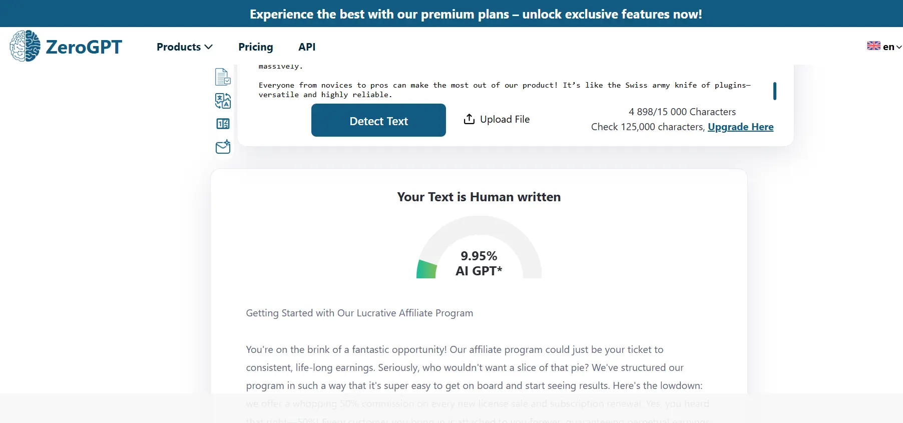 ZeroGPT detection result showing 9.95% AI probability, indicating human-written text.