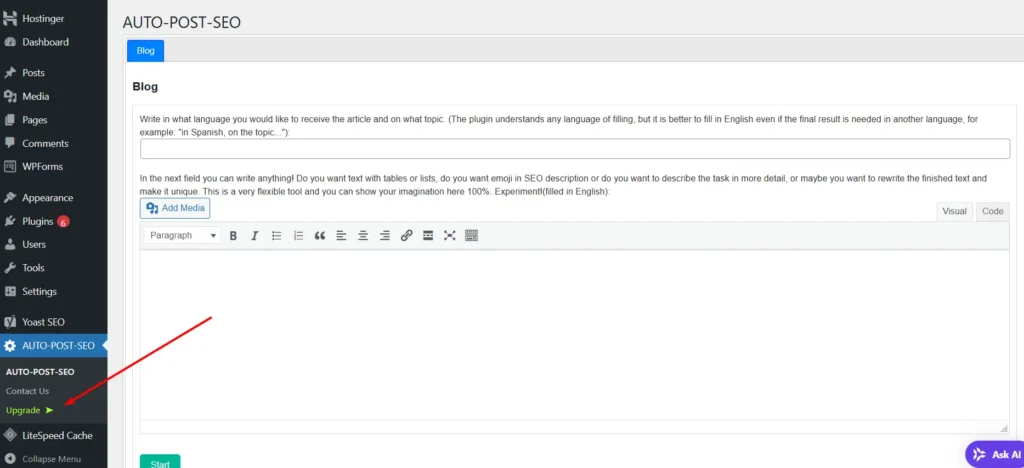 AUTO-POST-SEO WordPress plugin interface showing blog post editor with language and topic input fields.