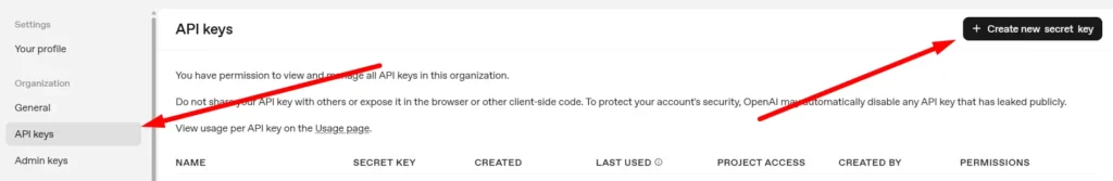 OpenAI dashboard API keys section with "Create new secret key" button highlighted.