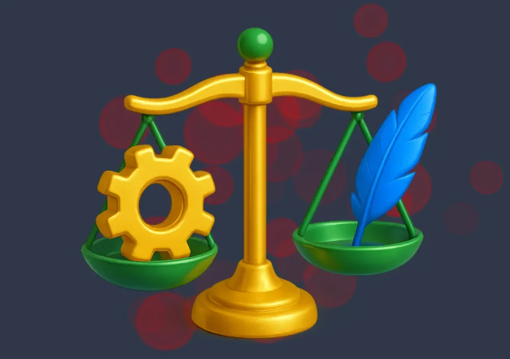 Golden balance scale with gear and feather, symbolizing automation vs manual trade-offs