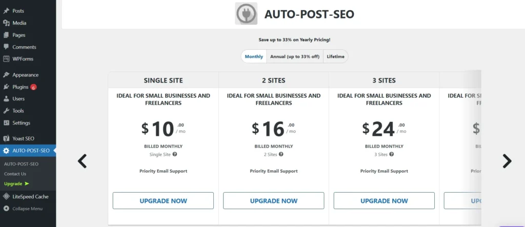 AUTO-POST-SEO WordPress plugin monthly pricing plans for single, two, and three sites with upgrade options.