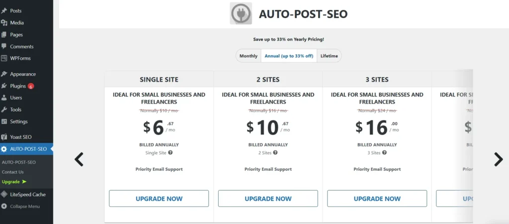 AUTO-POST-SEO WordPress plugin pricing plans for single site, 2 sites, and 3 sites with upgrade options.