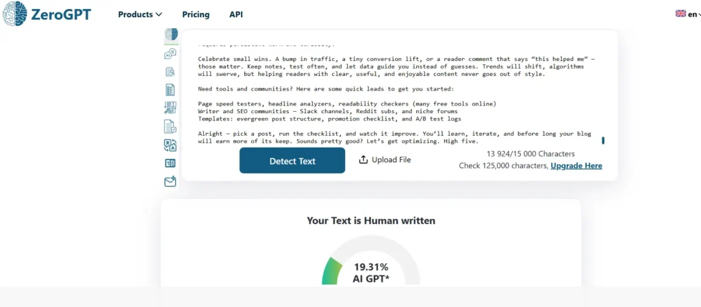 Screenshot of ZeroGPT detection result showing text classified as 19.31% AI-generated.