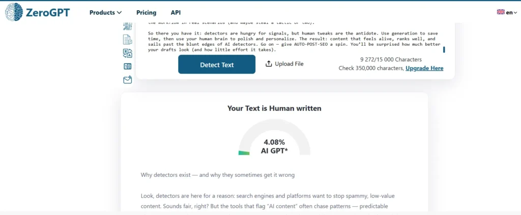 Screenshot of ZeroGPT detection showing 4.08% AI content score