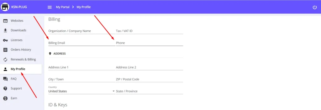 KSN-PLUG user profile billing section showing company details, contact info, and address fields.