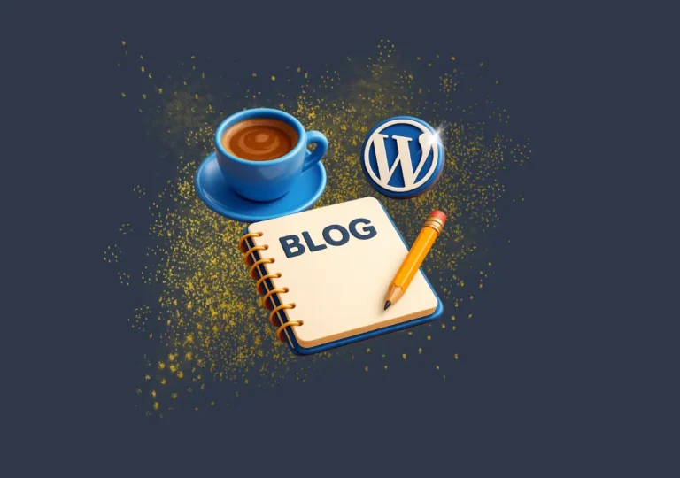 Cup of coffee and notebook with WordPress logo — blogger's morning inspiration