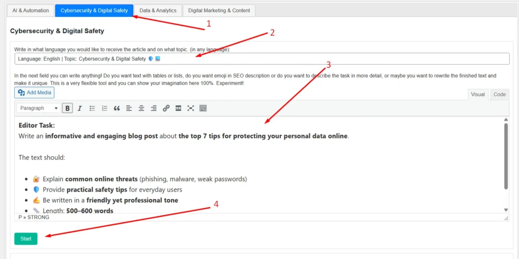 Screenshot of Cybersecurity & Digital Safety tab with blog post editor showing instructions to write an engaging article on top 7 tips for protecting personal data online