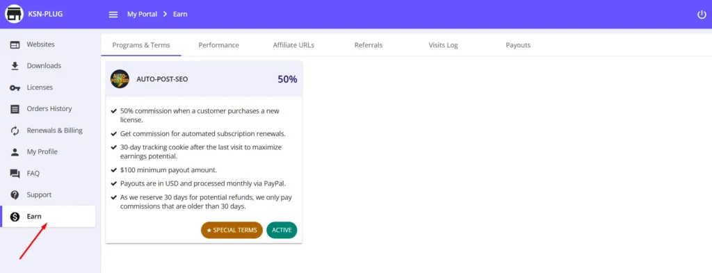 affiliate program terms showing 50% commission, payout conditions, and special terms.