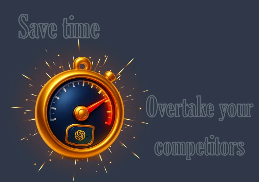 Golden stopwatch icon with “Save time, overtake your competitors” text on dark background
