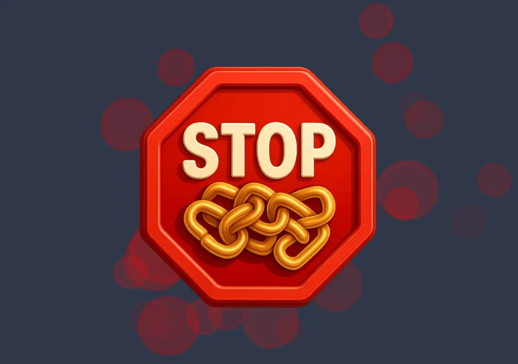 Red glossy STOP sign with tangled golden chain, symbolizing pitfalls of poor automation