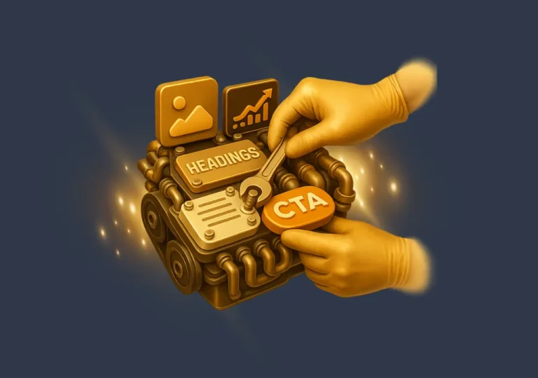 Golden gloved hands tuning a blog engine with CTA button, headings, and analytics icons