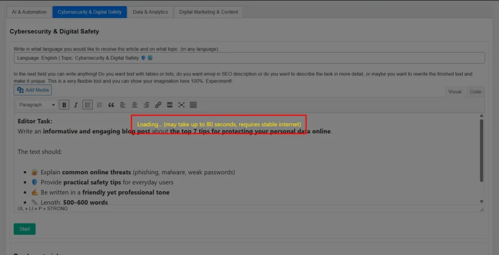 Screenshot of WordPress editor showing a cybersecurity blog post draft with instructions for writing an engaging article on top 7 tips for protecting personal data online.