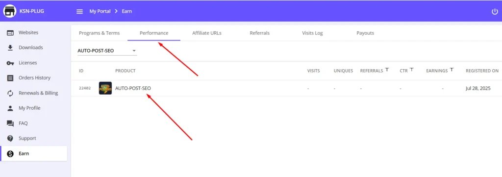 AUTO-POST-SEO affiliate dashboard showing performance tab with visits, conversions, and earnings statistics.