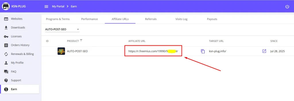 AUTO-POST-SEO affiliate dashboard showing Freemius affiliate URL, target URL, and activation date.
