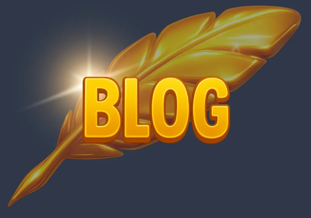 Golden feather and the word BLOG on dark background