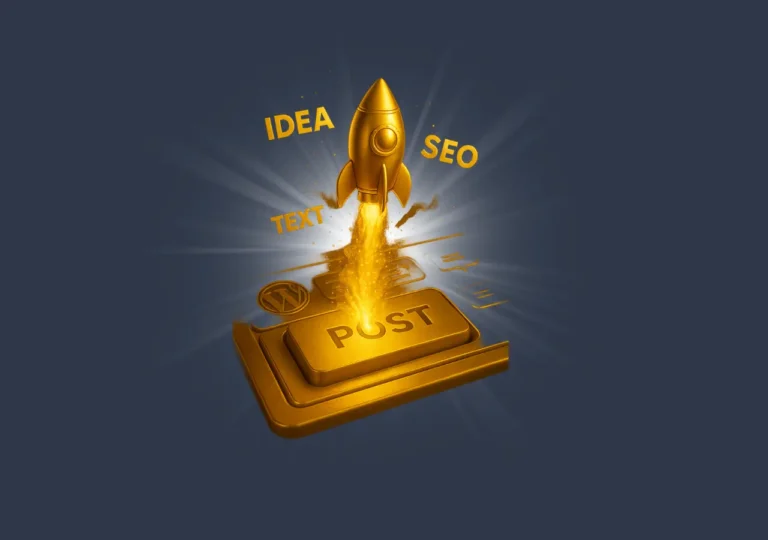 Golden rocket launching from a large POST key with words idea, text, and SEO