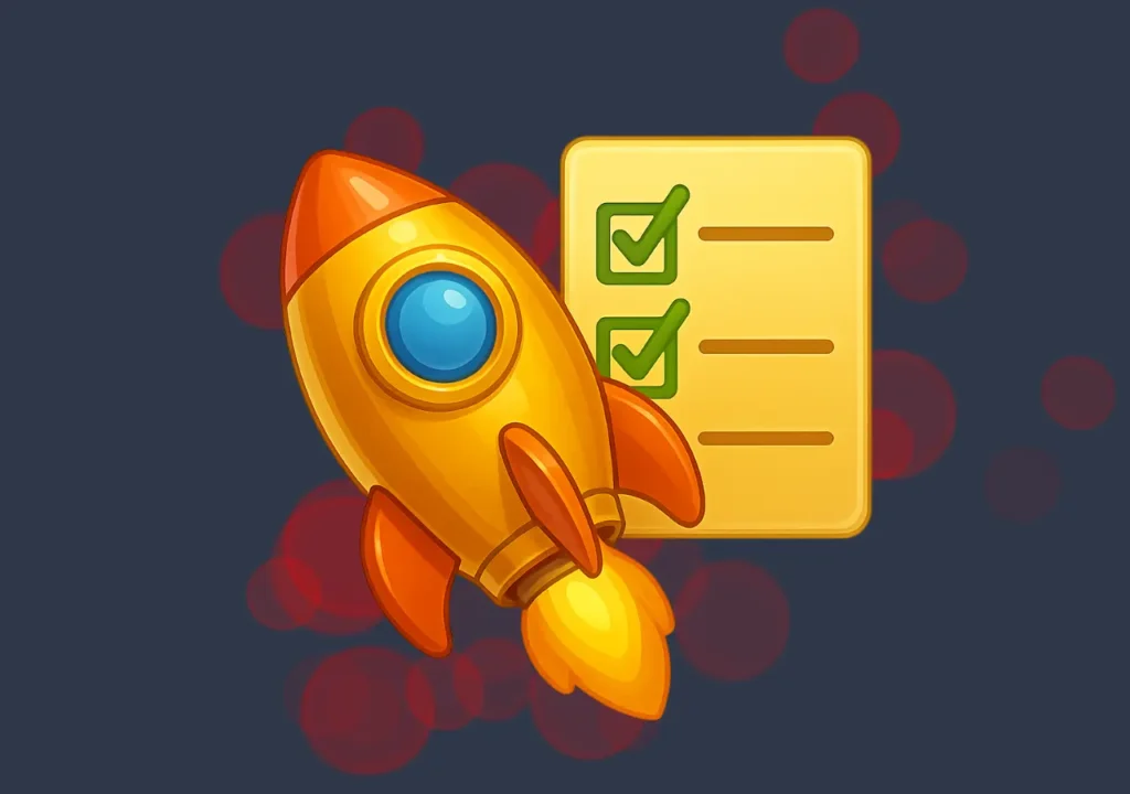 Golden rocket launching with checklist and green ticks, symbol of fast implementation
