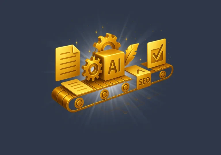 Golden AI and SEO content creation icons on a conveyor belt with gears and documents.