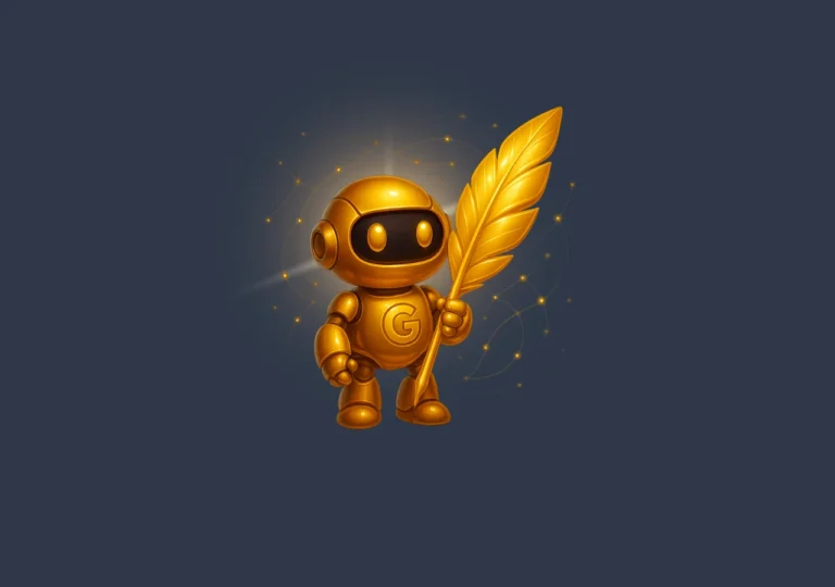 Golden robot holding a feather, symbolizing AI writing and Google