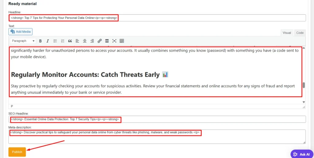 Illustration showing key tips for protecting personal data online, including monitoring accounts and using strong security measures.