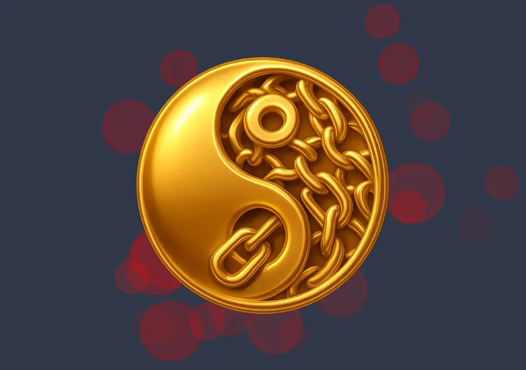 Golden Yin Yang symbol with chain links, representing balance in automated internal linking