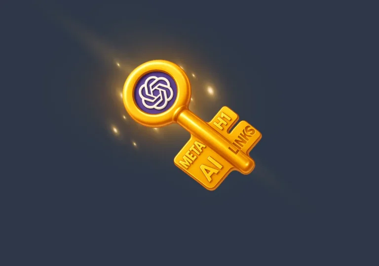 Golden SEO key with OpenAI logo, labeled H1, Meta, Links, AI, surrounded by WordPress icon and growth chart, symbolizing AI-powered blog optimization.
