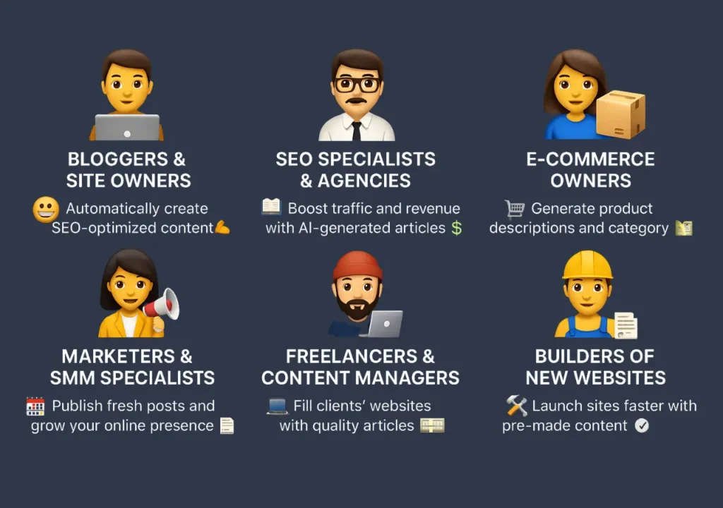 Infographic showing target audiences for AUTO-POST-SEO plugin, including bloggers, SEO specialists, e-commerce owners, marketers, freelancers, and website builders.