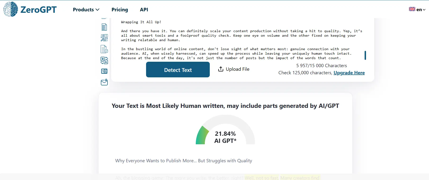 Screenshot of ZeroGPT detection result showing text classified as 21.84% AI-generated.