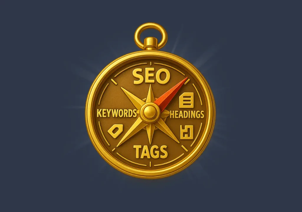 Golden SEO compass with keywords, headings, and tags guiding content optimization journey