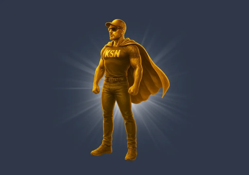 Golden AI superhero blogger in jeans and KSN shirt with glowing circuits
