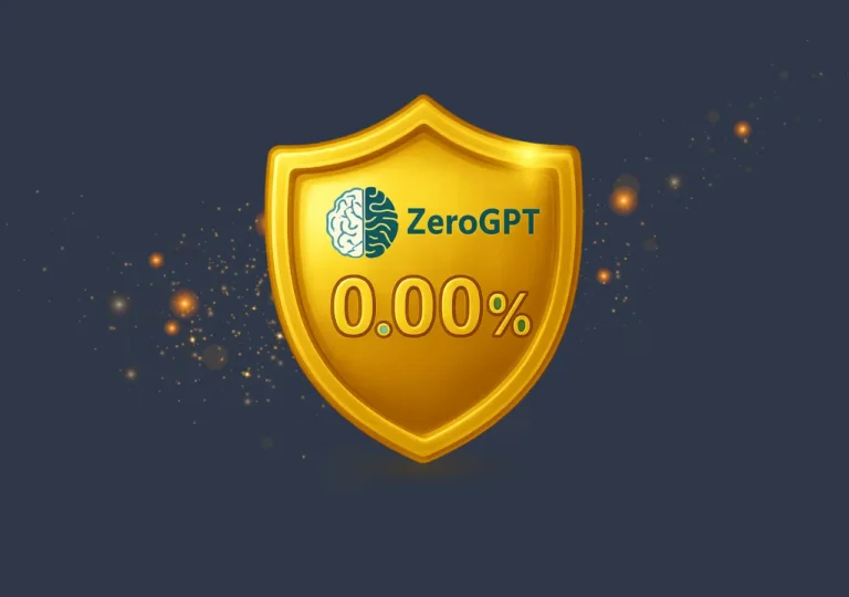Golden shield with ZeroGPT logo and 0.00% score symbolizing AI-free human-written content