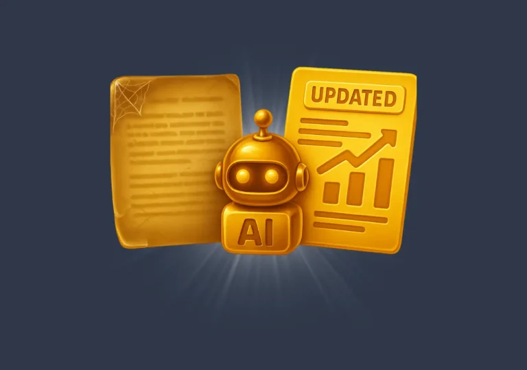 Golden AI robot refreshing old and updated documents, symbolizing content update