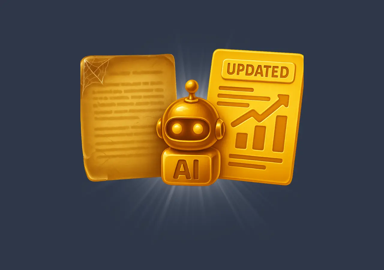 Golden AI robot refreshing old and updated documents, symbolizing content update