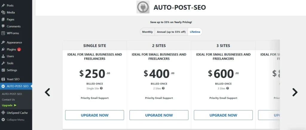 Screenshot of AUTO-POST-SEO plugin pricing page showing annual subscription plans for 1, 2, and 3 sites.