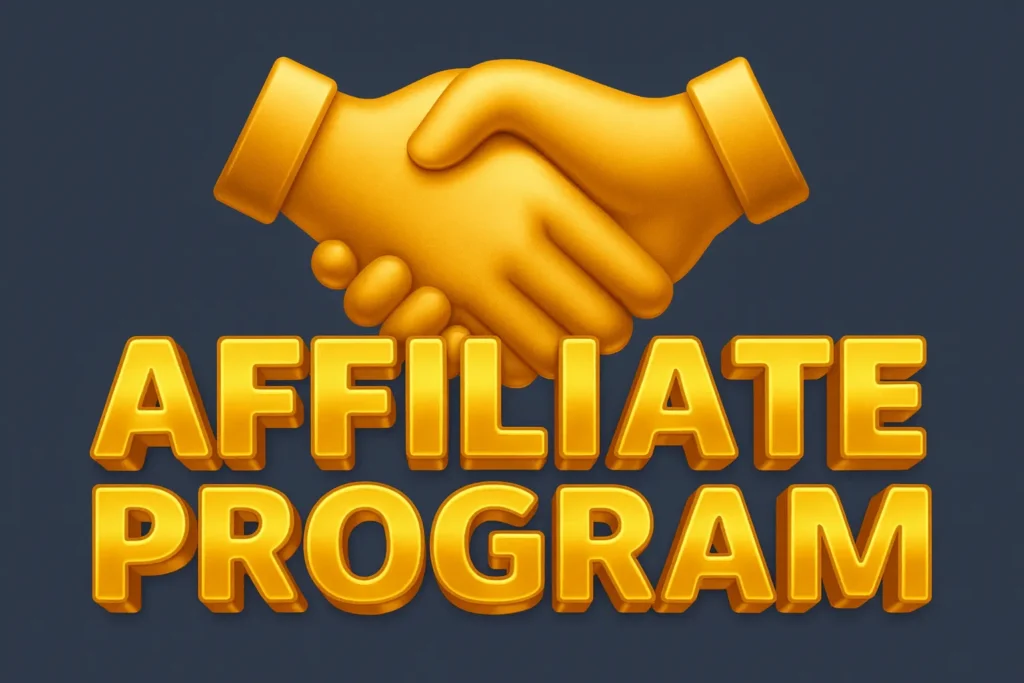 Golden handshake icon above bold golden text reading "Affiliate Program" on dark background.