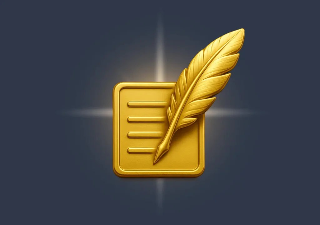 Golden quill writing a structured content list for SEO and voice search optimization.
