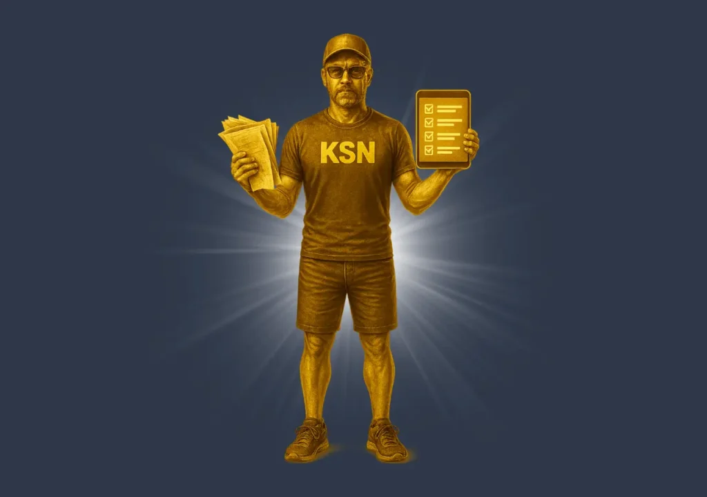 Golden character in KSN shirt holding papers and glowing checklist tablet, symbolizing chaos vs structure in blogging.