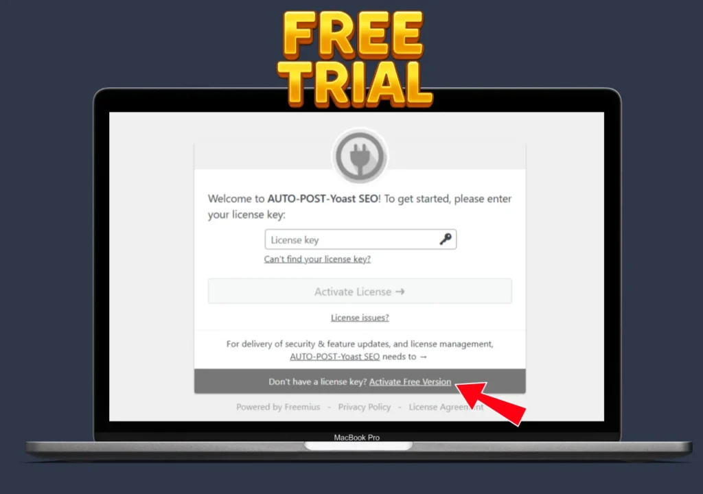 AUTO-POST-SEO license activation screen with Free Trial button highlighted