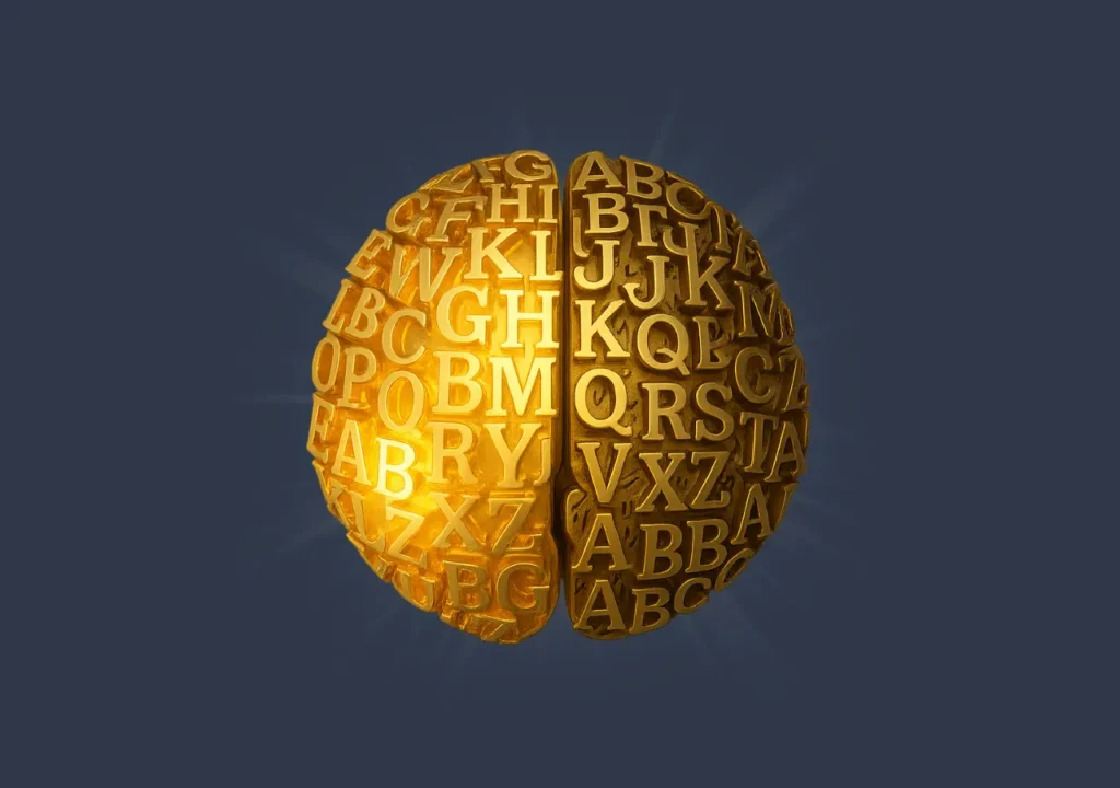 Golden brain made of letters symbolizing AI drafting content with editor’s touch