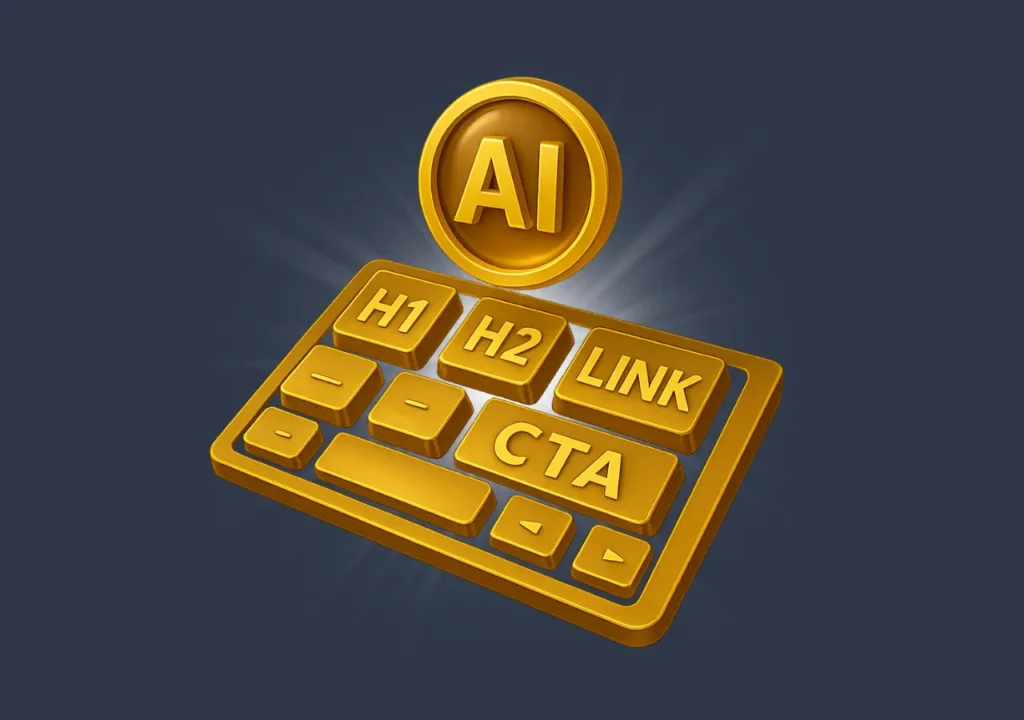 Golden SEO keyboard with keys labeled H1, H2, Link, and CTA, with glowing AI symbol above