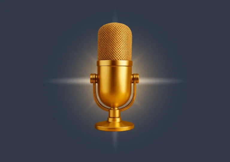 Golden studio microphone shining on dark background, symbolizing voice search and blogging SEO