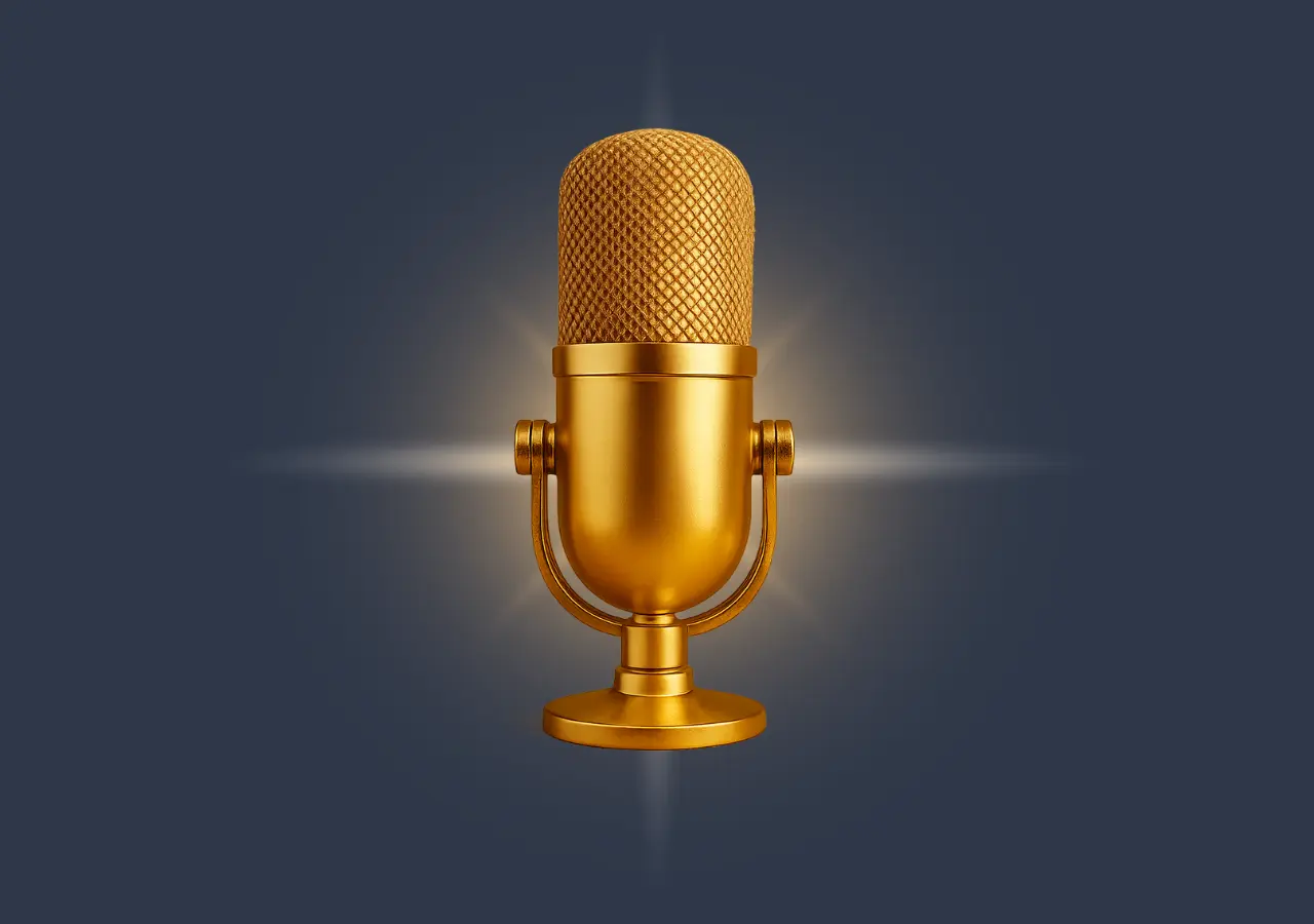Golden studio microphone shining on dark background, symbolizing voice search and blogging SEO