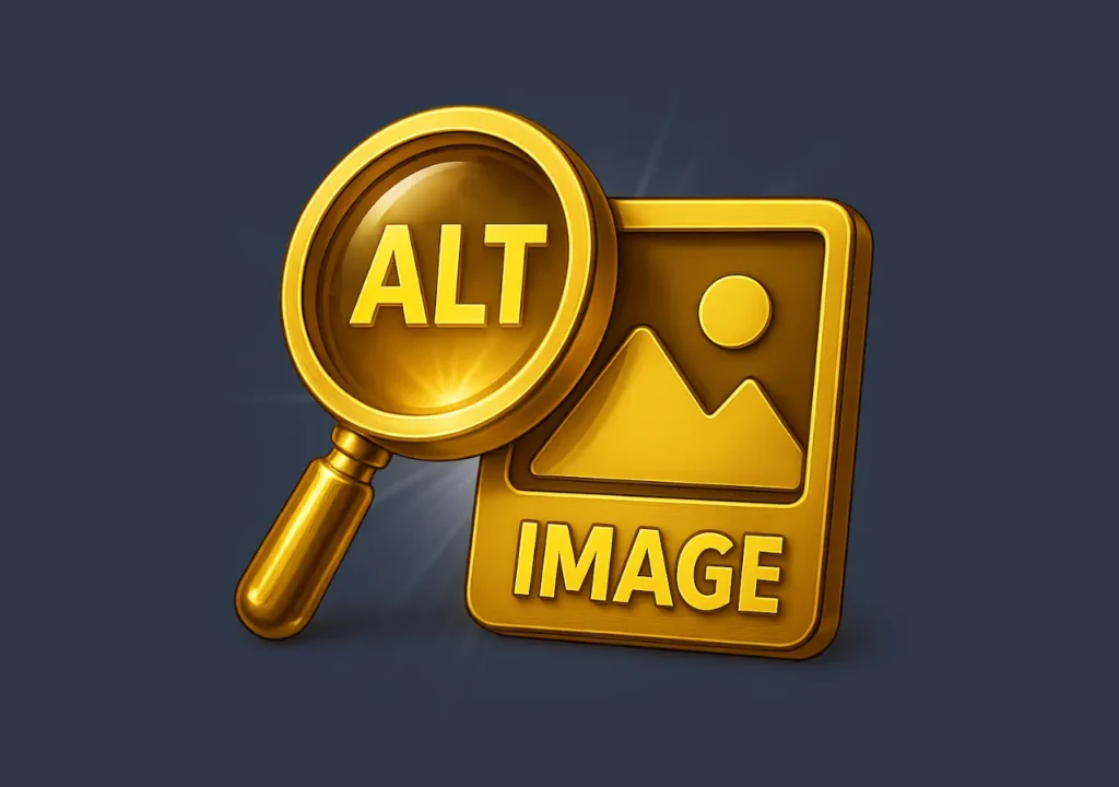 Golden magnifying glass over image icon with glowing ALT text, symbolizing AI-powered alt text generation